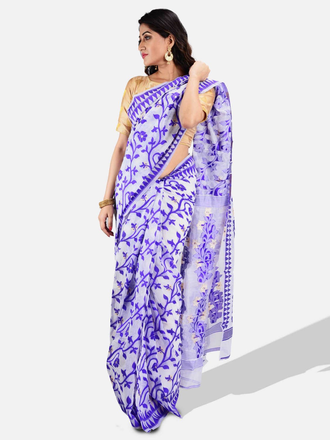 Women`s Handloom Soft Resham Dhakai jamdani Bengal Cotton Silk Tant Saree Whole Body Design with Blouse Pcs (Purple Blue White)